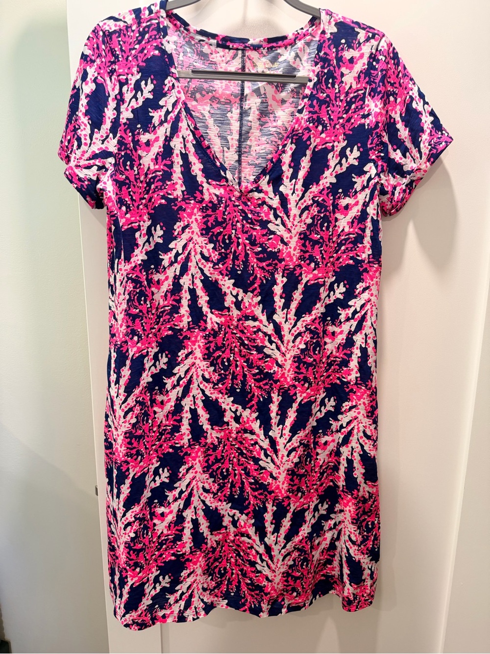 Lilly Pulitzer Vibrant Pink & Navy V-Neck Shift Cotton Dress